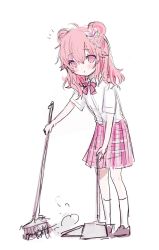 Rule 34 | 1girl, ahoge, bow, broom, brown footwear, closed mouth, collared shirt, curcuma (flower knight girl), double bun, dress shirt, dustpan, flower, flower knight girl, hair between eyes, hair bun, hair flower, hair ornament, highres, holding, holding broom, holding dustpan, indoors, loafers, looking at viewer, pink bow, pink eyes, pink flower, pink hair, pink skirt, plaid, plaid bow, plaid skirt, pleated skirt, school uniform, shiodome oji, shirt, shoes, short sleeves, simple background, sketch, skirt, socks, solo, standing, white background, white shirt, white socks