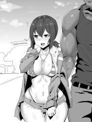 Rule 34 | 1boy, 1girl, aged up, alternate breast size, alternate costume, american flag bikini, american flag print, bikini, blush, breasts, cross, dark-skinned male, dark skin, denim, drums (artist), flag print, fubuki (kancolle), greyscale, height difference, hetero, highres, jacket, jeans, jewelry, kantai collection, manly, medium breasts, monochrome, muscular, navel piercing, necklace, netorare, pants, piercing, ponytail, print bikini, short hair, shorts, sweat, swimsuit, thick thighs, thighs, trembling, veins, veiny arms, wide hips