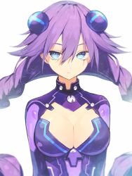 Rule 34 | 1girl, blue eyes, bodysuit, braid, breasts, buran buta, choujigen game neptune, cleavage, cleavage cutout, closed mouth, clothing cutout, expressionless, hair ornament, highres, large breasts, long hair, looking at viewer, neptune (series), purple bodysuit, purple heart (neptunia), simple background, solo, twin braids, upper body, very long hair, white background