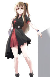 Rule 34 | 1girl, assault lily, bag, belt, belt buckle, black belt, black dress, black footwear, black ribbon, brown hair, buckle, commentary request, dress, feet out of frame, grey background, hair between eyes, hair ribbon, hand up, handbag, heterochromia, highres, holding strap, kuo shenlin, long hair, long legs, looking at viewer, one side up, outstretched arm, parted lips, puffy short sleeves, puffy sleeves, red eyes, ribbon, shoes, short sleeves, shoulder bag, sidelocks, smile, solo, standing, two-tone background, two-tone dress, urutsu sahari, watch, white background, wristwatch, yellow eyes