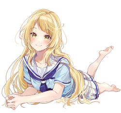 Rule 34 | 1girl, arm support, bad id, bad pixiv id, bang dream!, barefoot, blonde hair, blue neckerchief, blue shirt, blunt bangs, blush, closed mouth, collarbone, feet up, fingernails, full body, hair spread out, hanasakigawa school uniform, highres, long hair, looking at viewer, lying, miniskirt, neckerchief, on stomach, own hands together, pleated skirt, roko (pe0e07), sailor collar, school uniform, serafuku, shirt, short sleeves, sidelocks, simple background, single stripe, skirt, smile, soles, solo, striped clothes, striped skirt, summer uniform, tsurumaki kokoro, very long hair, white background, white sailor collar, white skirt, yellow eyes