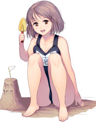 Rule 34 | 1girl, :d, arm at side, arm support, ass, barefoot, beach, black one-piece swimsuit, breast press, breasts, breasts on lap, brown eyes, brown hair, cleavage, collarbone, fat mons, feet, flag, full body, grey hair, hand up, happy, highres, holding, knees up, kouno (masao), looking at viewer, matching hair/eyes, medium breasts, name tag, on ground, one-piece swimsuit, open mouth, original, outdoors, purple hair, sand castle, sand sculpture, school swimsuit, short hair, shovel, simple background, sitting, smile, solo, swimsuit, white background, worktool