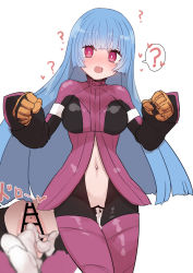 Rule 34 | 1girl, bar censor, blue hair, blush, bodysuit, breasts, censored, confused, cropped jacket, cum, highres, kula diamond, medium breasts, pussy, red eyes, sumiyao (amam), sweat, the king of fighters