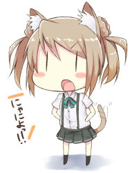 Rule 34 | 10s, 1girl, animal ears, blush stickers, brown hair, cat ears, cat tail, chibi, double bun, hands on own hips, kantai collection, kemonomimi mode, kurono nekomaru, michishio (kancolle), open mouth, ribbon, school uniform, skirt, solo, suspenders, tail, tail wagging, translation request, twintails