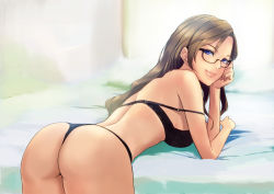 Rule 34 | 1girl, ass, bed, bent over, black bra, black panties, blue eyes, bra, breasts, brown hair, head rest, din (raiden), from behind, glasses, head rest, indoors, presenting, lingerie, lips, long hair, looking at viewer, looking back, lying, naughty face, on stomach, original, panties, pillow, smile, solo, strap slip, thong, underwear, underwear only, viola starfield