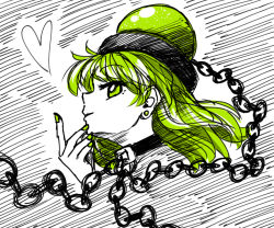 Rule 34 | 1girl, alternate eye color, alternate hair color, black choker, chain, choker, commentary request, earrings, from side, green eyes, green hair, green nails, hand up, heart, hecatia lapislazuli, highres, jewelry, long hair, looking at viewer, nail polish, nokisakifuurin, profile, smile, solo, stud earrings, touhou, white background