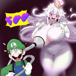 Rule 34 | 1boy, 1girl, amogan, blue overalls, blush, breast sucking, breasts, claw pose, collar, commentary request, covered navel, facial hair, feet out of frame, flying sweatdrops, frilled collar, frills, gloves, glowing, green hat, hair between eyes, hat, head tilt, highres, huge breasts, long hair, long tongue, looking down, luigi, luigi&#039;s mansion, mario (series), mustache, new super mario bros. u deluxe, nintendo, one breast out, open hands, overalls, pink eyes, poltergust 5000, princess king boo, sharp teeth, suction cups, super crown, sweatdrop, tall female, teeth, thick thighs, thighs, tongue, tongue out, wall-eyed, white gloves, white hair