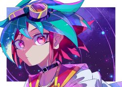 Rule 34 | 1boy, cosmos mrst, dyed bangs, goggles, goggles on head, green hair, hair between eyes, highres, jacket, jacket on shoulders, jewelry, looking at viewer, male focus, multicolored hair, open clothes, parted lips, pendant, portrait, red eyes, red hair, sakaki yuya, short hair, solo, two-tone hair, upper body, wide-eyed, yu-gi-oh!, yu-gi-oh! arc-v