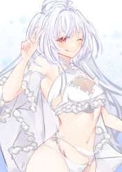 Rule 34 | 1girl, ;p, ahoge, bikini, blush, commentary, fate/grand order, fate (series), garter belt, hair intakes, highres, lady avalon (fate), lady avalon (second ascension) (fate), long hair, looking at viewer, merlin (fate/prototype), navel, one eye closed, red eyes, solo, swimsuit, tongue, tongue out, tsuyuki yuki, v, white bikini, white hair