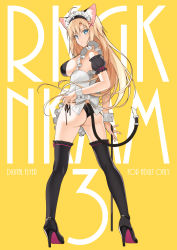 Rule 34 | 1girl, animal ears, arm garter, ass, back, bismarck (kancolle), black footwear, black panties, black thighhighs, blonde hair, blue eyes, breasts, cat ears, cat tail, commentary request, from behind, hair ornament, highres, kantai collection, kemonomimi mode, long hair, looking at viewer, looking back, maid headdress, medium breasts, ohta yuichi, panties, side-tie panties, sideboob, solo, tail, thighhighs, underwear, x hair ornament, yellow background