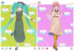 Rule 34 | 2girls, beret, blue eyes, blue hair, bobby socks, bow, collared shirt, crossed legs, dress, earrings, full body, hand on own cheek, hand on own face, hat, hat bow, hatsune miku, highres, jewelry, long hair, long skirt, long sleeves, megurine luka, multiple girls, necktie, open mouth, pantyhose, pink hair, plaid clothes, plaid dress, pleated skirt, sakuhana87, shirt, short sleeves, skirt, sleeve cuffs, smile, socks, standing, standing on one leg, sweater vest, twintails, very long hair, vocaloid