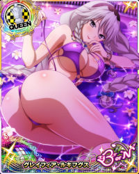 Rule 34 | 1girl, ass, blue bow, bow, braid, breasts, card (medium), chess piece, cleavage, female focus, grayfia lucifuge, grey eyes, grey hair, hair bow, high school dxd, large breasts, long hair, looking at viewer, maid headdress, matching hair/eyes, mature female, navel, o-ring, official art, queen (chess), red lips, smile, solo, thong, twin braids, underboob