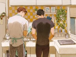 Rule 34 | 2boys, apron, bowl, brown hair, brown pants, cabinet, chengongzi123, chinese commentary, closed mouth, commentary request, counter, cowboy shot, gloves, haikyuu!!, hand up, highres, holding, holding plate, indoors, iwaizumi hajime, kitchen, looking at object, male focus, multiple boys, oikawa tooru (haikyuu!!), pants, plant, plate, potted plant, refrigerator, salt shaker, shelf, shirt, short hair, short sleeves, sink, smile, soap bubbles, spoon, standing, striped clothes, striped pants, t-shirt, towel, very short hair, white shirt, window