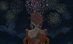 Rule 34 | 1girl, bare back, choker, cloud, cloudy sky, commentary request, cookie milk, fireworks, from behind, genshin impact, hair ornament, highres, japanese clothes, light brown hair, long hair, mixed-language commentary, mountainous horizon, night, night sky, ponytail, rope, sarashi, shimenawa, sidelocks, sky, solo, yoimiya (genshin impact)