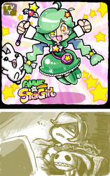 Rule 34 | 1girl, ahoge, annie (skullgirls), annoyed, belt, belt pouch, blush, boots, braid, breasts, character name, copyright name, dress, english text, eyepatch, frown, green hair, hair ornament, hair over one eye, hairclip, jumping, magical girl, monochrome, open mouth, pouch, sagan (skullgirls), sharp teeth, sitting, skullgirls, small breasts, smile, star (symbol), stuffed animal, stuffed rabbit, stuffed toy, sukaponta, teeth, television, thigh boots, thighhighs, twin braids, wand, weapon, yellow eyes, zettai ryouiki
