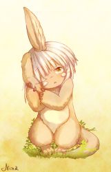 Rule 34 | 1other, absurdres, animal ears, artist name, brown eyes, brown fur, commentary request, covering own ears, full body, furry, gradient background, grey hair, hands up, head tilt, highres, horizontal pupils, looking at viewer, made in abyss, medium hair, nanachi (made in abyss), nina (maurururoa), nude, one eye closed, other focus, parted lips, solo, standing, tail, whiskers, yellow background