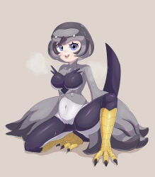 Rule 34 | 1girl, absurdres, bird hat, bird legs, bird tail, black hair, blue eyes, breasts, brown background, cleavage, commentary, covered navel, duel monster, grey wings, harpy, highres, looking at viewer, lyrilusc - celestine wagtail, medium breasts, monster girl, open mouth, short hair, solo, squatting, steaming body, tail, talons, teeth, terzeebo, tongue, tongue out, upper teeth only, winged arms, wings, yu-gi-oh!