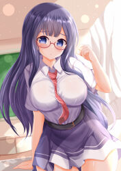 Rule 34 | 1girl, between breasts, black hair, blue eyes, blue skirt, blush, breasts, closed mouth, collared shirt, commentary request, curtains, day, diagonal-striped clothes, diagonal-striped necktie, hand up, highres, indoors, large breasts, long hair, looking at viewer, misumi aoi, necktie, necktie between breasts, ongeki, pink necktie, red eyes, semi-rimless eyewear, shirt, short sleeves, skirt, solo, striped clothes, under-rim eyewear, very long hair, white shirt, xenon (for achieve)