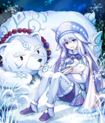 Rule 34 | 1girl, absurdres, ainu clothes, animal, bead necklace, beads, bear, blue eyes, blue hair, cape, fate/grand order, fate (series), hat, highres, holding, holding animal, jewelry, long hair, mittens, necklace, pantyhose, polar bear, rabbit, shirou (bear) (fate), sitonai (fate), sitonai (third ascension) (fate), sitting, snow, snowflakes, thighhighs, user zfhc5573
