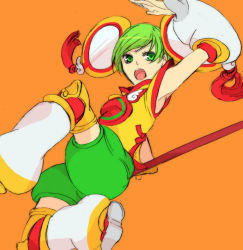 Rule 34 | 10s, 1girl, chinese clothes, detached sleeves, dragon kid, female focus, fighting stance, green eyes, green hair, hat, huang baoling, matching hair/eyes, mechi, short hair, shorts, simple background, solo, staff, superhero costume, thighhighs, tiger &amp; bunny