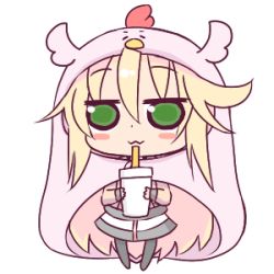 Rule 34 | 100 percent orange juice, 1girl, :3, black pantyhose, blonde hair, blush stickers, brown jacket, chibi, chicken costume, closed mouth, commentary request, cosplay, cup, disposable cup, drinking glass, drinking straw, full body, green eyes, hair between eyes, himouto! umaru-chan, holding, holding cup, hono, hood, hood up, jacket, komaru, komaru (cosplay), komaru (himouto! umaru-chan), long hair, long sleeves, lowres, no shoes, official art, pantyhose, skirt, sleeves past wrists, solo, sora (orange juice), standing, suguri, transparent background, very long hair, white skirt