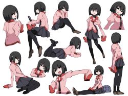 Rule 34 | 1girl, :d, black eyes, black hair, black necktie, black pantyhose, black skirt, brown footwear, closed mouth, from behind, from side, hammer (sunset beach), holding, holding phone, juliet sleeves, long sleeves, looking at viewer, monogatari (series), multiple views, necktie, open mouth, oshino ougi, pantyhose, parted lips, phone, pink shirt, pleated skirt, puffy sleeves, shirt, shoes, short hair, simple background, sitting, skirt, sleeves past wrists, smile, smug, standing, white background