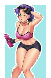 Rule 34 | 1girl, black gloves, black hair, black nails, black shorts, blue background, blue eyes, bottle, breasts, choker, cleavage, collarbone, earrings, fingerless gloves, gloves, highres, holding, jewelry, large breasts, long hair, looking at viewer, multicolored hair, navel, nike (company), one eye closed, parted lips, pink sports bra, ponytail, purple hair, shorts, sidney (zeshgolden), sports bra, standing, sweat, teeth, two-tone hair, water bottle, zeshgolden