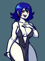 Rule 34 | ass, black lips, black nails, blue hair, bracelet, breasts, cleavage, doukutsu monogatari, dress, jewelry, lipstick, lowres, makeup, misery (doukutsu monogatari), nail polish, navel, pale skin, red eyes, revealing clothes, royalmilk20, simple background, smile, solo, standing, thick thighs, thighs, witch