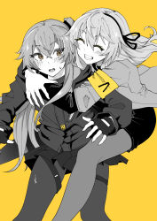 Rule 34 | 2girls, armband, black gloves, blush, commentary request, fingerless gloves, girls&#039; frontline, gloves, greyscale, greyscale with colored background, grin, hair between eyes, highres, hug, hug from behind, jacket, long hair, monochrome, multiple girls, nakiusagi, one side up, open mouth, pantyhose, pleated skirt, simple background, skirt, smile, spot color, ump40 (girls&#039; frontline), ump45 (girls&#039; frontline), yellow armband, yellow background