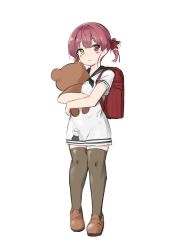 Rule 34 | 1girl, absurdres, aged down, backpack, bag, blush, brown footwear, child, closed mouth, commentary, cosplay request, dress, full body, hair ribbon, heterochromia, highres, holding, holding stuffed toy, hololive, houshou marine, hugging doll, hugging object, komasi, looking at viewer, no headwear, randoseru, red bag, red eyes, red hair, ribbon, sailor collar, sailor dress, shoes, short dress, short sleeves, simple background, solo, striped, stuffed animal, stuffed toy, teddy bear, thighhighs, twintails, virtual youtuber, white background, white dress, yellow eyes