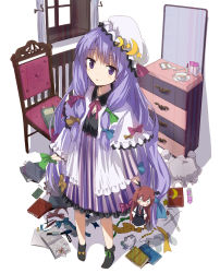 Rule 34 | 1girl, black socks, blush stickers, book, bookmark, brown hair, chair, character doll, chest of drawers, crescent, doll, embodiment of scarlet devil, expressionless, female focus, gotyou, hat, koakuma, long hair, o o, patchouli knowledge, pencil, purple eyes, purple hair, robe, socks, solo, standing, star (symbol), touhou, window