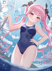 Rule 34 | 1girl, bare arms, bare shoulders, bat hair ornament, blue one-piece swimsuit, blue sky, blush, breasts, closed mouth, cloud, collarbone, commentary request, day, floating hair, groin, hair ornament, hairclip, hand on own hip, highres, long hair, looking at viewer, one-piece swimsuit, original, outdoors, pink hair, red eyes, sky, small breasts, smile, solo, standing, swimsuit, tsukiman, twintails, very long hair, water, wet, wet clothes, wet swimsuit, yumeka tsukishiro