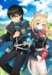 Rule 34 | 1boy, 1girl, animal ear fluff, animal ears, ass, ayamy, belt, black eyes, black hair, black pants, black shirt, black skirt, blonde hair, blue cape, blue eyes, blue sky, blush, bow, bowtie, breasts, cape, cat ears, cat tail, cleavage, closed mouth, cloud, cloudy sky, crystal, day, gradient hair, grey sweater, hair between eyes, hair ornament, hairclip, highres, holding, holding weapon, knife, large breasts, long sleeves, looking at viewer, magic, medium hair, multicolored hair, novel illustration, official art, original, outdoors, pants, pink hair, pink neckwear, pleated skirt, reverse grip, ribbed sweater, shirt, skirt, sky, sparkle, standing, sweater, tail, thighhighs, weapon, white thighhighs