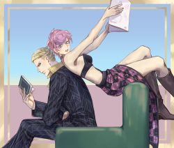 Rule 34 | 1boy, 1girl, blonde hair, blue eyes, book, couch, formal, jewelry, jojo no kimyou na bouken, leaning back, midriff, necklace, pink hair, prosciutto, reading, short hair, sitting, skirt, suit, trish una, vento aureo, yepnean