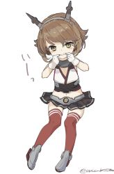 Rule 34 | 1girl, bare shoulders, black skirt, brown hair, commentary request, full body, gloves, green eyes, hairband, headgear, kantai collection, looking at viewer, midriff, miniskirt, mouth pull, mutsu (kancolle), one-hour drawing challenge, pleated skirt, red legwear, short hair, simple background, skirt, solo, twitter username, white background, white gloves, yamashichi (mtseven), aged down