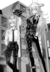Rule 34 | 2girls, ahoge, alternate costume, anno88888, binoculars, breasts, building, closed mouth, collared shirt, gloves, greyscale, gun, hair between eyes, hand in pocket, headgear, highres, holding, holster, kantai collection, long hair, medium breasts, monochrome, multiple girls, necktie, outdoors, pants, partially fingerless gloves, ponytail, shirt, sleeves rolled up, south dakota (kancolle), thigh holster, vest, washington (kancolle), weapon