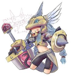 Rule 34 | 1girl, armor, digimon, highres, minervamon, shield, snake, solo, sword, tongue, tongue out, weapon