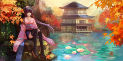 Rule 34 | 1girl, architecture, ask (askzy), black thighhighs, clog sandals, east asian architecture, flat chest, floral print, flower, furisode, green eyes, hair flower, hair ornament, hair rings, japanese clothes, kimono, leaf, lily pad, long hair, luo tianyi, maple leaf, nature, okobo, pagoda, platform footwear, sandals, sitting, solo, thighhighs, vocaloid, vocanese, water
