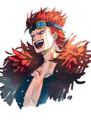 Rule 34 | 1boy, bad id, bad twitter id, coat, eustass kid, fur coat, goggles, goggles on head, highres, looking to the side, male focus, one piece, red hair, scar, scar on face, short hair, simple background, smile, solo, upper body, white background, wudus6