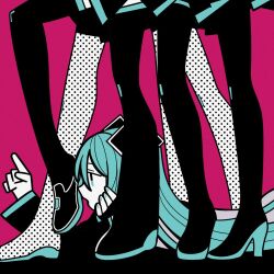Rule 34 | 5girls, aqua eyes, aqua hair, aqua nails, black footwear, boots, commentary request, from side, hair ornament, halftone, hatsune miku, head rest, high heels, index finger raised, legs, limited palette, long hair, long sleeves, lying, machigami yoh, multiple girls, multiple persona, on floor, on stomach, open mouth, red background, standing, thigh boots, vocaloid