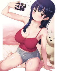 Rule 34 | 1girl, arm support, bare arms, bare shoulders, barefoot, black hair, blush, boku no kokoro no yabai yatsu, border, breasts, brown eyes, cellphone, cleavage, closed mouth, collarbone, commentary request, dolphin shorts, feet, flying sweatdrops, grey shorts, highres, holding, holding phone, large breasts, long hair, looking at phone, midriff peek, mole, mole on neck, mole on thigh, nanikairu, navel, outside border, paid reward available, phone, red tank top, seiza, selfie, shorts, sitting, smartphone, solo, stuffed animal, stuffed toy, taking picture, tank top, teddy bear, toes, white border, yamada anna