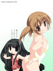 Rule 34 | 00s, 2girls, :&lt;, adjusting clothes, adjusting swimsuit, ass, black eyes, black hair, breasts, brown eyes, brown hair, butt crack, casual one-piece swimsuit, cleavage, frilled swimsuit, frills, long hair, looking back, multiple girls, musical note, one-piece swimsuit, outstretched arms, quaver, short hair, side ponytail, small breasts, spread arms, suou kuyou, suzumiya haruhi no yuuutsu, swimsuit, tachibana kyouko (suzumiya haruhi), triangle mouth, twintails, very long hair, watsuki ayamo