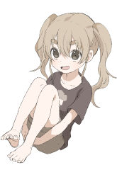 Rule 34 | 1girl, :d, absurdres, barefoot, black shirt, brown eyes, brown hair, brown shorts, collarbone, commentary request, full body, hair between eyes, highres, knees up, long hair, looking at viewer, open mouth, ponkotsu ponko, shirt, short eyebrows, short shorts, short sleeves, shorts, simple background, sitting, smile, solo, thick eyebrows, twintails, white background, yamamoto souichirou, yoshioka yuuna