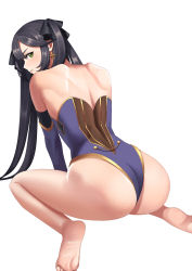 Rule 34 | 1girl, absurdres, annoyed, artist request, ass, bare shoulders, barefoot, black hair, blush, detached sleeves, elbow gloves, embarrassed, from behind, genshin impact, gloves, green eyes, hair ribbon, highres, leotard, long hair, looking at viewer, looking back, mona (genshin impact), ribbon, shiny skin, sitting, solo, twintails, very long hair, wariza