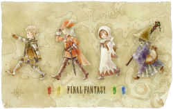 Rule 34 | 2boys, 2girls, armor, bag, belt, black mage (final fantasy), blonde hair, blue eyes, boots, brown hair, cape, cocura, compass rose, copyright name, crystal, final fantasy, final fantasy i, fingerless gloves, gloves, green eyes, hat, hat feather, highres, hood, long hair, map, marching, md5 mismatch, multiple boys, multiple girls, pointing, red mage (final fantasy), resolution mismatch, robe, short hair, smile, source smaller, staff, sword, walking, warrior, warrior (final fantasy), weapon, white mage (final fantasy), witch hat, wizard hat, yellow eyes