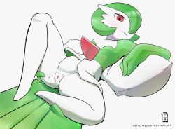 Rule 34 | 1girl, anus, artist name, blush, breasts, cleft of venus, clitoral hood, clitoris, closed mouth, colored skin, creatures (company), female focus, full body, game freak, gardevoir, gen 3 pokemon, green hair, green skin, hair over one eye, highres, light blush, looking at viewer, lying, multicolored skin, nintendo, on back, pillow, pokemon, pokemon (creature), presenting, pussy, pussy juice, red eyes, short hair, signature, simple background, small breasts, solo, spread legs, threeworlds, two-tone skin, uncensored, watermark, web address, white background, white skin