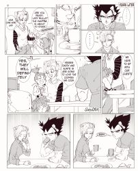 Rule 34 | ..., 1boy, 3girls, absurdres, android 18, bow, bra (dragon ball), bulma, child, comic, cookie, cup, dragon ball, dragonball z, drinking, english text, engrish text, food, greyscale, hair bow, hair over one eye, highres, monochrome, mother and daughter, multiple girls, one side up, plate, pouring, ranguage, right-to-left comic, sarulart, short hair, sitting, sitting on lap, sitting on person, spoken ellipsis, teacup, teapot, topknot, twintails, unamused, vegeta