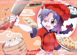 Rule 34 | 1girl, absurdres, alternate costume, alternate hairstyle, apron, baozi, bow, bowl, braid, braided ponytail, breasts, chef hat, china dress, chinese clothes, chopsticks, commentary request, dress, dumpling, food, food request, fried rice, hair bow, hat, highres, jiangshi, jiaozi, long hair, meandros, medium bangs, miyako yoshika, noodles, open mouth, orange background, pale skin, parted bangs, plate, purple eyes, purple hair, ramen, red bow, red dress, red hat, saliva, short sleeves, shrimp, small breasts, smile, solo, soup, tonkatsu, touhou, upper body, user yux9878, waist apron, white apron