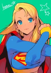 Rule 34 | 1girl, animification, bad id, bad twitter id, blonde hair, blue bodysuit, blue eyes, bodysuit, cape, closed mouth, commentary request, dc comics, grey background, highres, kotatsu (g-rough), lips, long hair, looking at viewer, red cape, signature, simple background, solo, stretching, supergirl, superhero costume, superman (series), upper body