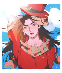 Rule 34 | 1girl, arm behind back, black hair, blue eyes, cloud, commentary, earrings, english commentary, hat, highres, jacket, jewelry, jojo no kimyou na bouken, lisa lisa, long hair, looking to the side, mask, oratoza, red hat, red jacket, red lips, scarf, sky, solo, upper body